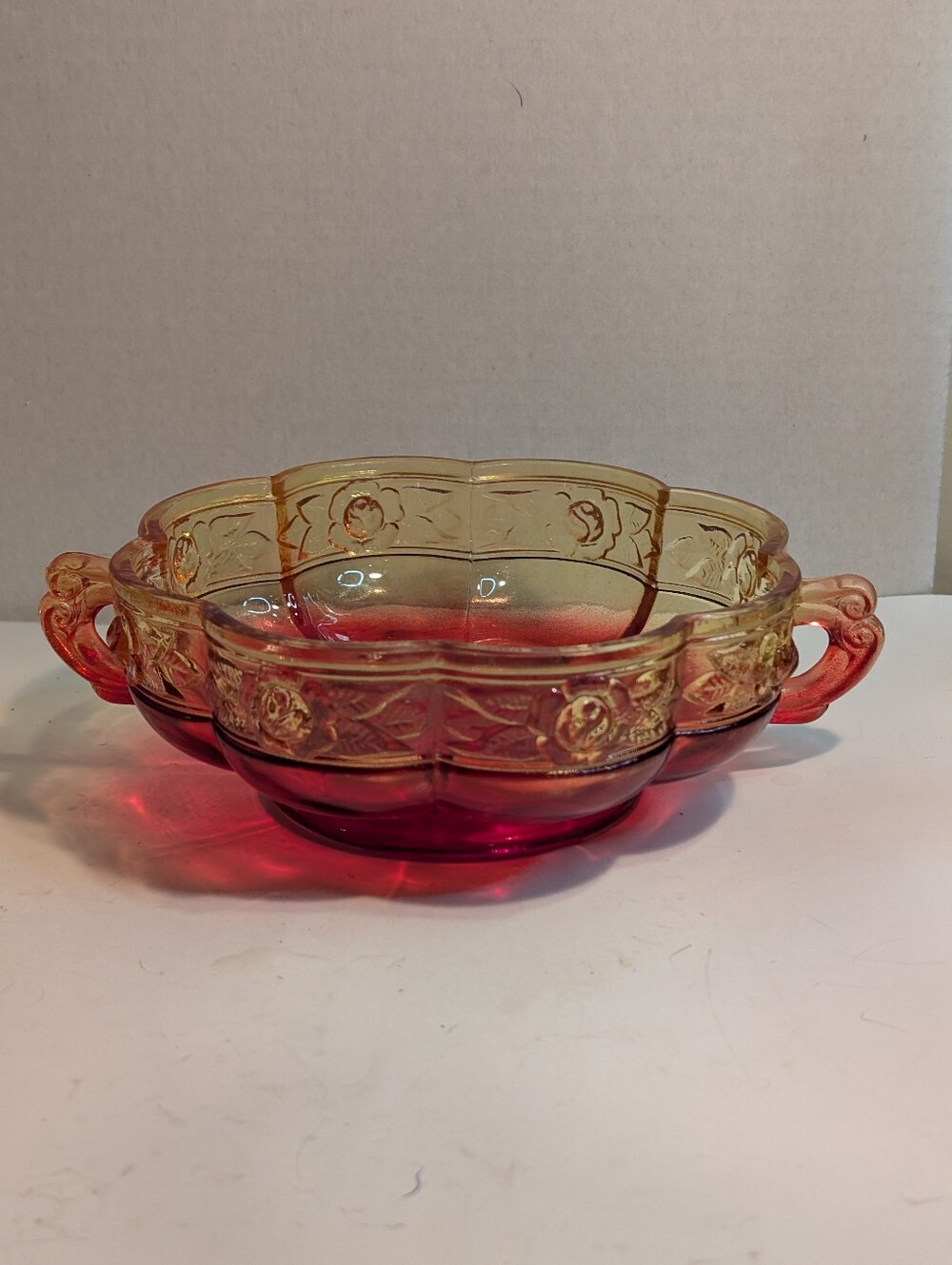 Vintage Jeanette Glass Amberina Candy Dish Aztec Rose 2 Handles Glows.